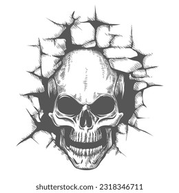 Tattoo of Skull Looking Through a Hole in a Wall isolated on white. Vector illustration.