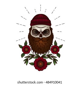 Tattoo skull man. Vector print in hipster style. Vector skull with beard and flowers.