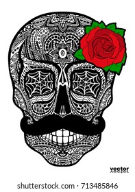 Tattoo skull with a mustache and a rose, black and white vector illustration on white background, Day of the dead symbol.