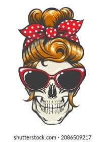 Tattoo of Skull with Pinup Hairstyle Sunglasses and Bandana isolated on white. vector illustration.