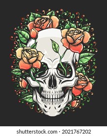 Tattoo of Skull and Rose Branch on black background. Vector Illustration.