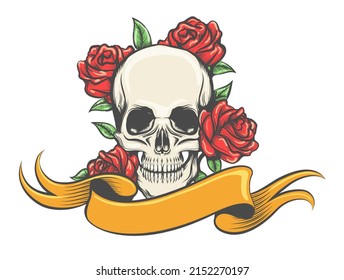 Tatuaje de cráneo con rosas y pancarta dibujado en estilo grabado aislado en blanco. Ilustración vectorial.