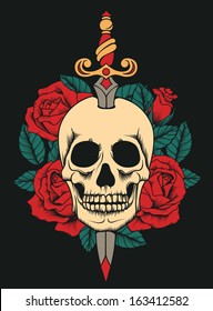 Tattoo Skull With Roses And Knife