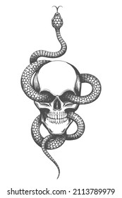 Tattoo of Skull and Snake drawn in engraving style isolated on white background. Vector illustration.