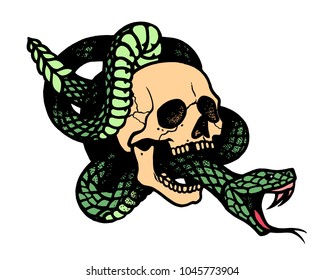 Tattoo with skull and snake. Traditional black dot style ink. Isolated vector illustration. Traditional Tattoo Old School Tattooing Style Ink. Snake silhouette illustration. Black serpent.