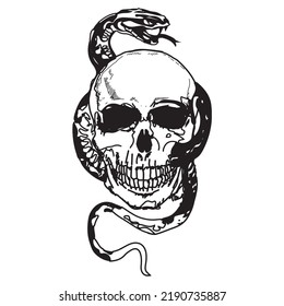 Tattoo with skull and snake. Traditional black dot style ink. Isolated vector illustration. Traditional Tattoo Old School Tattooing Style Ink. Snake silhouette illustration. Black serpent.