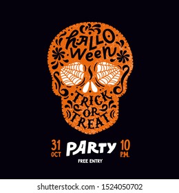 Tattoo Skull. Vector template of happy Halloween party invitations or greeting card with handwritten calligraphy silhouette lettering. Flat illustration of hand dead man, web. Poster All saint's Day.