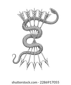 Tatuaje de Serpiente y Bunch de Flechas Esotérico Símbolo Medieval aislado en blanco. Ilustración vectorial.