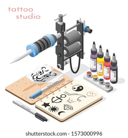 Tattoo studio accessoires tools supply isometric composition with ink design sketches liner shader machine background vector illustration   