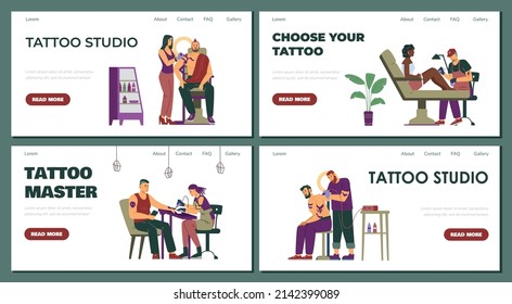 Tattoo studio advertising landing pages set, flat vector illustration. Masters with professional equipment and machines creating tattoos for clients. Web banner for tattooing business.