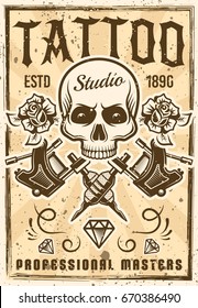 Tattoo studio advertising poster in vintage style vector illustration. Layered, separate grunge texture and text