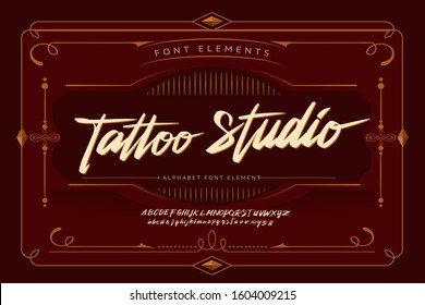 Tattoo Studio alphabet, Hand drawn font lowercase and uppercase. Calligraphy decorative ABC alphabet isolated. Hand lettering and custom typography for your designs, logo, poster. Vector typeface.