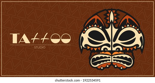 Tattoo Studio Banner. Native New Zealand. Maori. Tattoo On The Face. Mask. Vector 