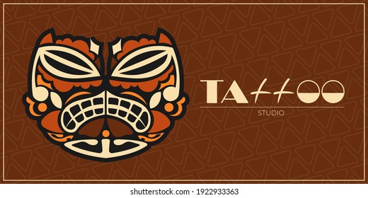 Tattoo Studio Banner. Native New Zealand. Maori. Tattoo On The Face. Mask. Vector Illustration.