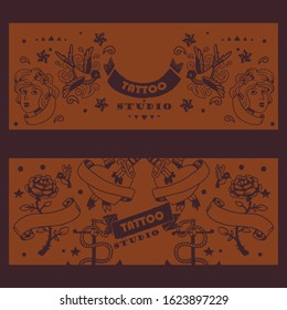Tattoo studio banner, vector illustration. Graphic art elements and classic tattoo symbol. Rose with ribbon, bird and heart. Creative advertisement concept, vintage style commercial flyer tattoo salon