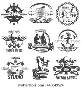 Tattoo studio black white emblems with master anchor rudder playing cards skull machine chain isolated vector illustration