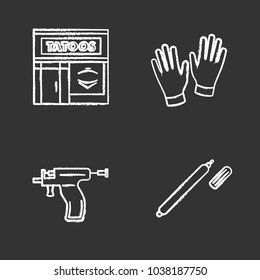 Tattoo studio chalk icons set. Piercing service. Tattoo parlour exterior, medical gloves, piercing gun, highlighter. Isolated vector chalkboard illustrations