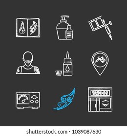 Tattoo studio chalk icons set. Tattoos catalog, aftercare, tattooist machine, tattooer, ink bottle and cap, studio location, power supply, sketch, parlour. Isolated vector chalkboard illustrations