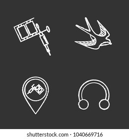 Tattoo studio chalk icons set. Piercing service. Tattoo machine, swallow sketch, studio location, half hoop earring. Isolated vector chalkboard illustrations