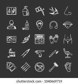 Tattoo studio chalk icons set. Piercing service. Tattoo sketches, instruments and equipment. Isolated vector chalkboard illustrations