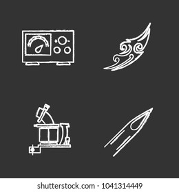 Tattoo studio chalk icons set. Piercing service. Power supply, tattoo machine, sketch, ink needle tip. Isolated vector chalkboard illustrations