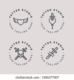 Tattoo Studio Circle Cute Logo Template. Creative Hipster Stamp Sign. Old School Heart Wings, Dagger Heart, Skull Sword. Vector Flat Line Icon.