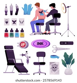 Tattoo studio collection vector set. Artist making tattoo. Needle machine, paints, signboard, armchair, gloves, lamp. Cartoon professional salon equipment. Ink art tools, interior decorations