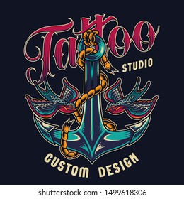 Tattoo studio colorful print with swallows flying near ship anchor in vintage style isolated vector illustration