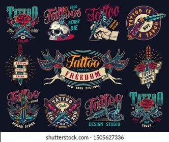 Tattoo studio colorful vintage badges with military and pocket knives skull pierced with dagger tattoo machines ship anchor swallows holding ribbon with freedom word isolated vector illustration