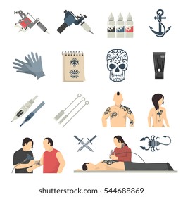 Tattoo studio diseña equipos y procedimientos con artistas que utilizan máquinas eléctricas iconos planos colección aislada de vectores ilustraciones 