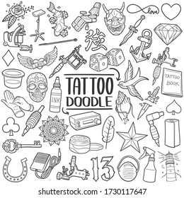 Tattoo Studio doodle icon set. Tattooing Tools Vector illustration collection. Machine and Supplies Hand drawn Line art style.