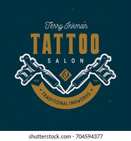 Tattoo studio emblem. Hand holding tattoo machine. Tattoo shop advertising. Vector vintage illustration.