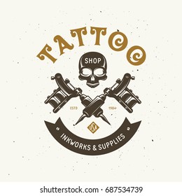 Tattoo studio emblem. Human skull outline drawing. Tattoo shop advertising. Vector vintage illustration.