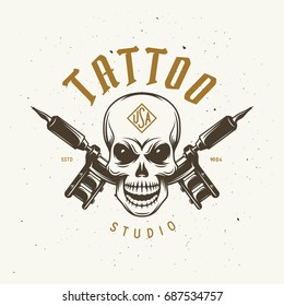 Tattoo studio emblem. Human skull outline drawing. Tattoo shop advertising. Vector vintage illustration.