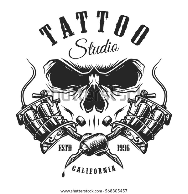 Tattoo studio\
emblem with tattoo machines and skull. Monochrome line work.\
Isolated on white background.\
layered
