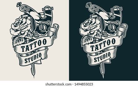 Tattoo studio emblem with professional tattoo machine and rose flower in vintage monochrome style isolated vector illustration