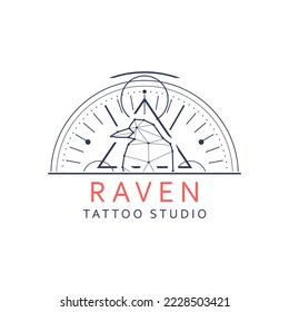 Tattoo studio emblem with raven bird. Monochrome style. Isolated logo on white background. Mystical geometry symbol. Linear alchemy, occult, philosophical sign.