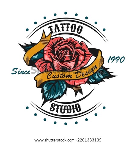Tattoo studio emblem. Retro logos with cross guns, skulls in crown, skeleton, rose isolated vector illustration. Tattoo studio and design elements concept