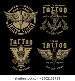 Tattoo studio emblem set with classic elements like tattoo machines, anchors, skulls, and needles.Vintage gold vector illustrations for labels, badges, prints, and branding