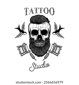 Tattoo studio emblem template. Crossed tattoo machine, skull, roses. Design element for logo, label, sign, poster, t shirt. Vector illustration