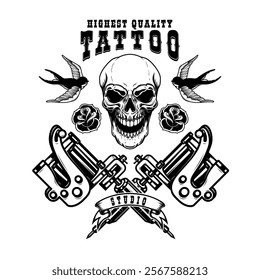 Tattoo studio emblem template. Crossed tattoo machine, skull, roses. Design element for logo, label, sign, poster, t shirt. Vector illustration