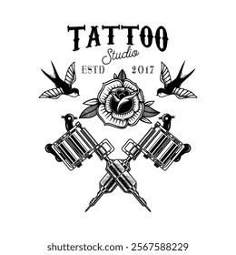 Tattoo studio emblem template. Crossed tattoo machine, roses, swallows. Design element for logo, label, sign, poster, t shirt. Vector illustration