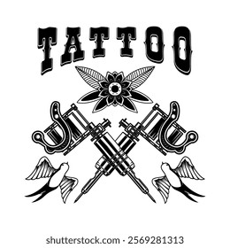 Tattoo studio emblem template. Crossed tattoo machine, roses, swallows. Design element for logo, label, sign, poster, t shirt. Vector illustration