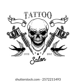 Tattoo studio emblem template. Crossed tattoo machine, skull, roses. Design element for logo, label, sign, poster, t shirt. Vector illustration