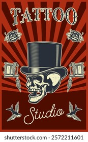 Tattoo studio emblem template. Crossed tattoo machine, skull, roses. Design element for logo, label, sign, poster, t shirt. Vector illustration