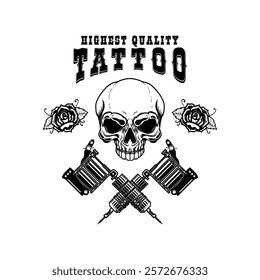 Tattoo studio emblem template. Crossed tattoo machine, skull, roses. Design element for logo, label, sign, poster, t shirt. Vector illustration