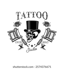 Tattoo studio emblem template. Crossed tattoo machine, skull, roses. Design element for logo, label, sign, poster, t shirt. Vector illustration