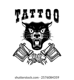 Tattoo studio emblem template. Crossed tattoo machine, panther head, roses. Design element for logo, label, sign, poster, t shirt. Vector illustration