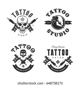 Tattoo studio emblems set. Hand holding tattoo machine. Human skulls outline drawing. Tattoo shop advertising. Vector vintage illustration.