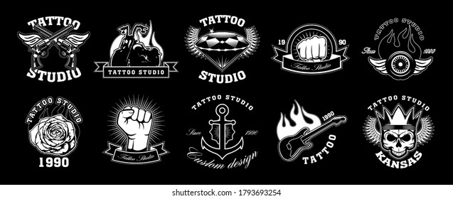 Tattoo studio emblems set. Vintage logo templates with crossed gun, rose, skeleton, anchor, diamond, bike. Monochrome vector illustrations isolated on black background